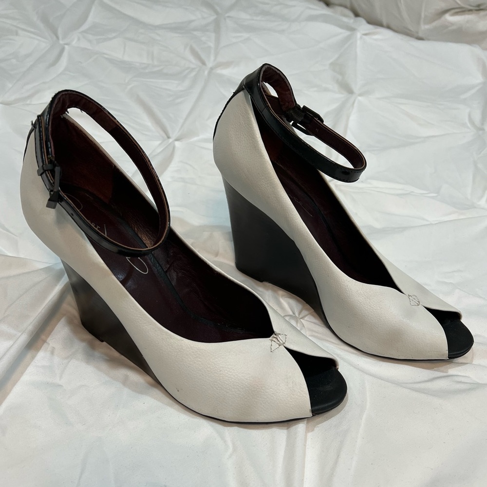White Leather Black Ankle Strap Wedge Peep Toe Heels